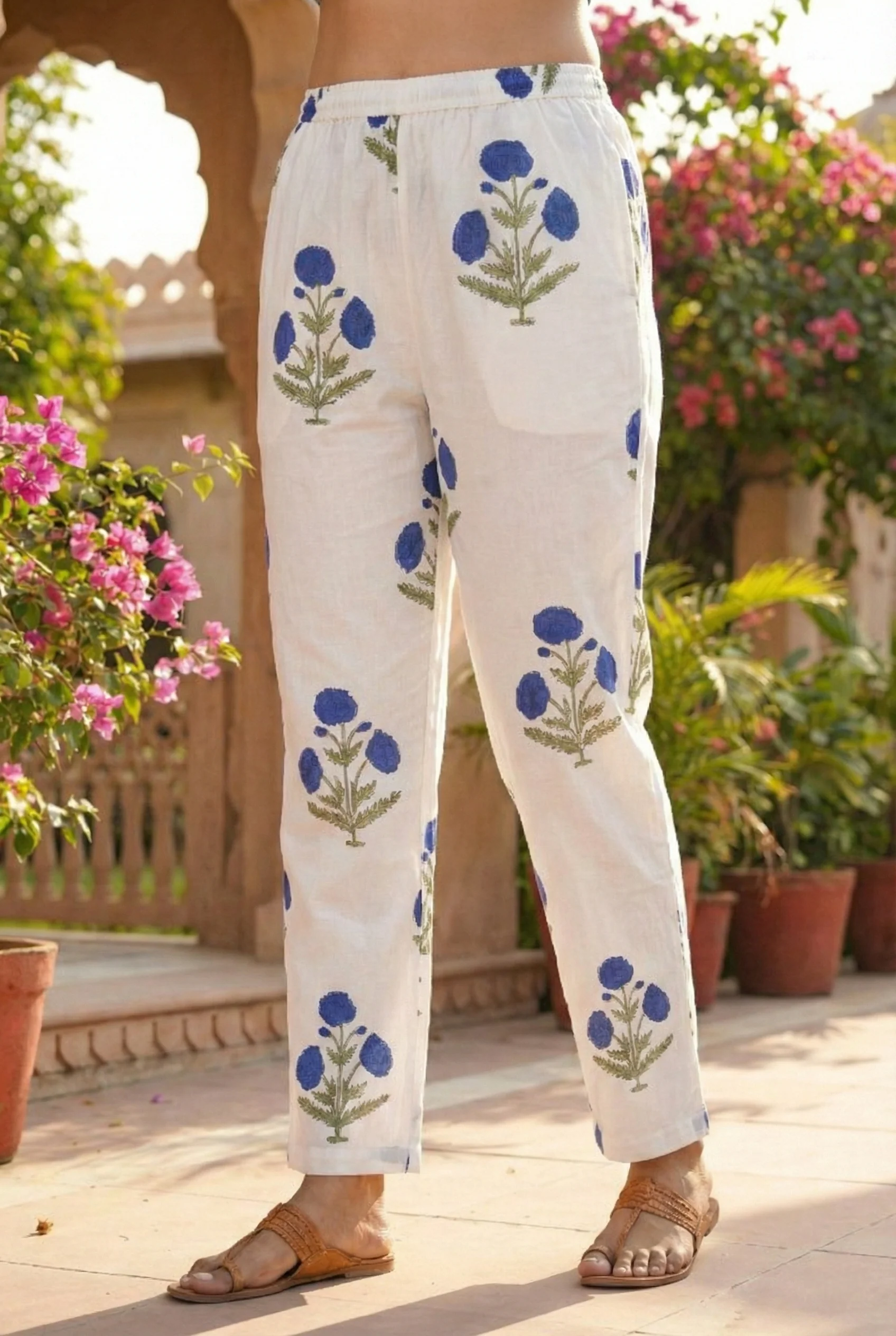 Blue Cotton Floral Printed And Checked Two Piece Set - Image 6