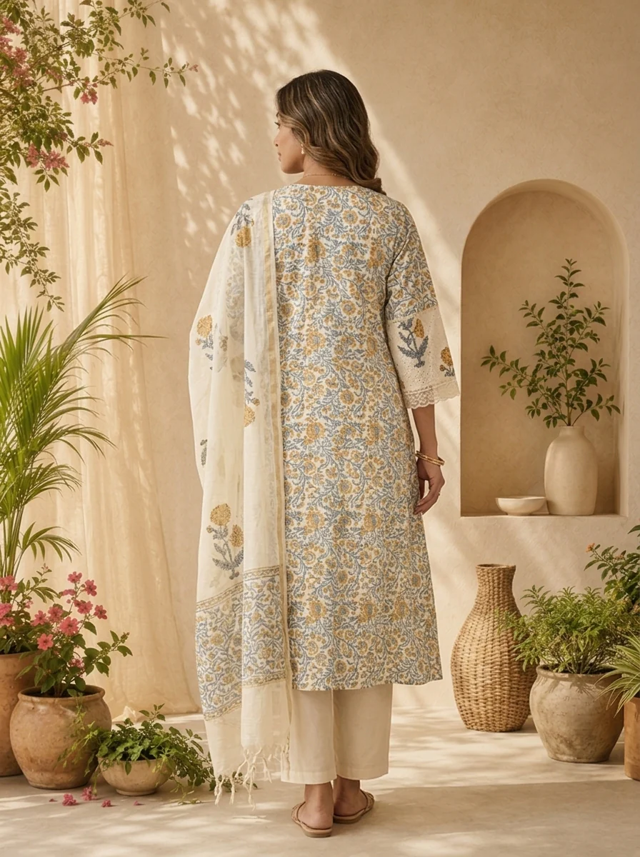 Blue Cotton Floral Printed And Chikankari Three Piece Set - Image 3