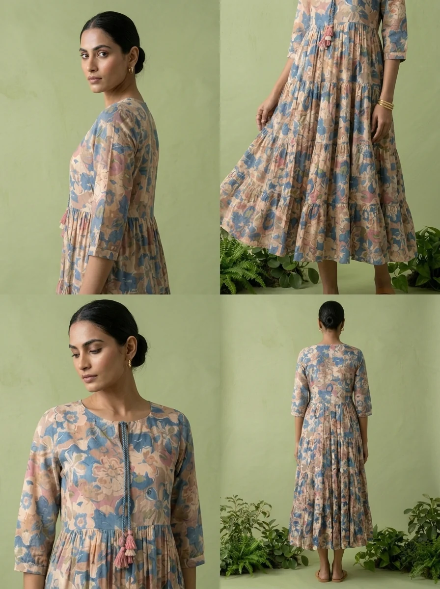 Blue Cotton Floral Printed Dress - Image 3