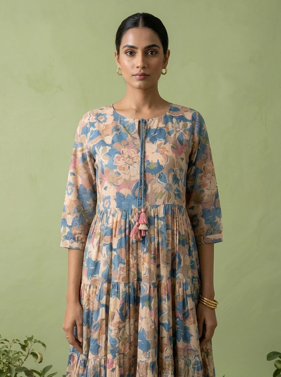 Blue Cotton Floral Printed Dress - Image 4