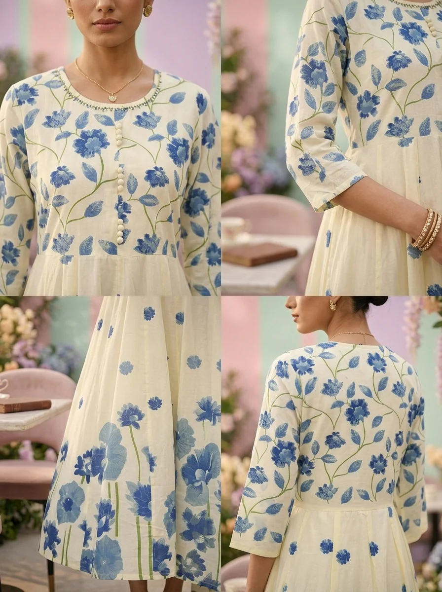 Blue Cotton Floral Printed Three Piece Set - Image 3
