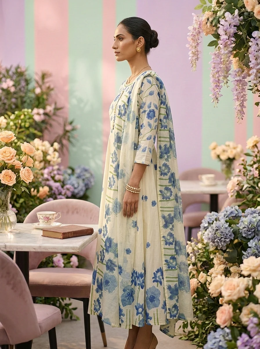 Blue Cotton Floral Printed Three Piece Set - Image 4