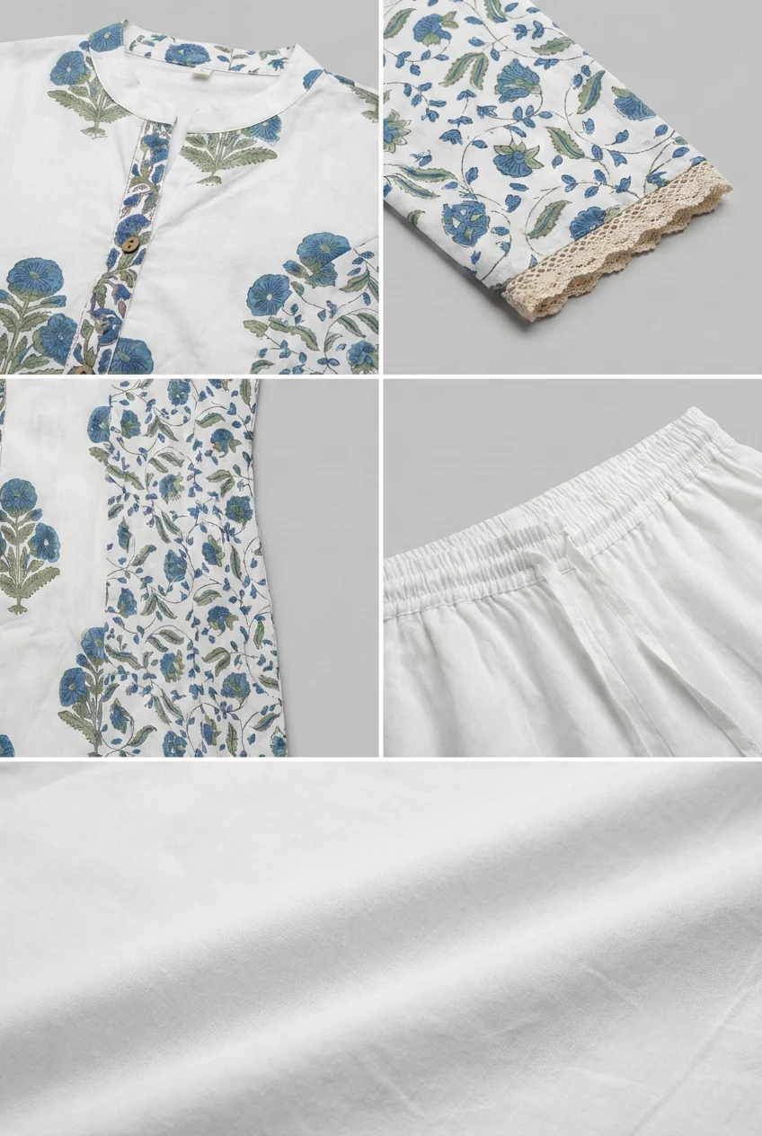 Blue Cotton Floral Printed Two Piece Set - Image 5