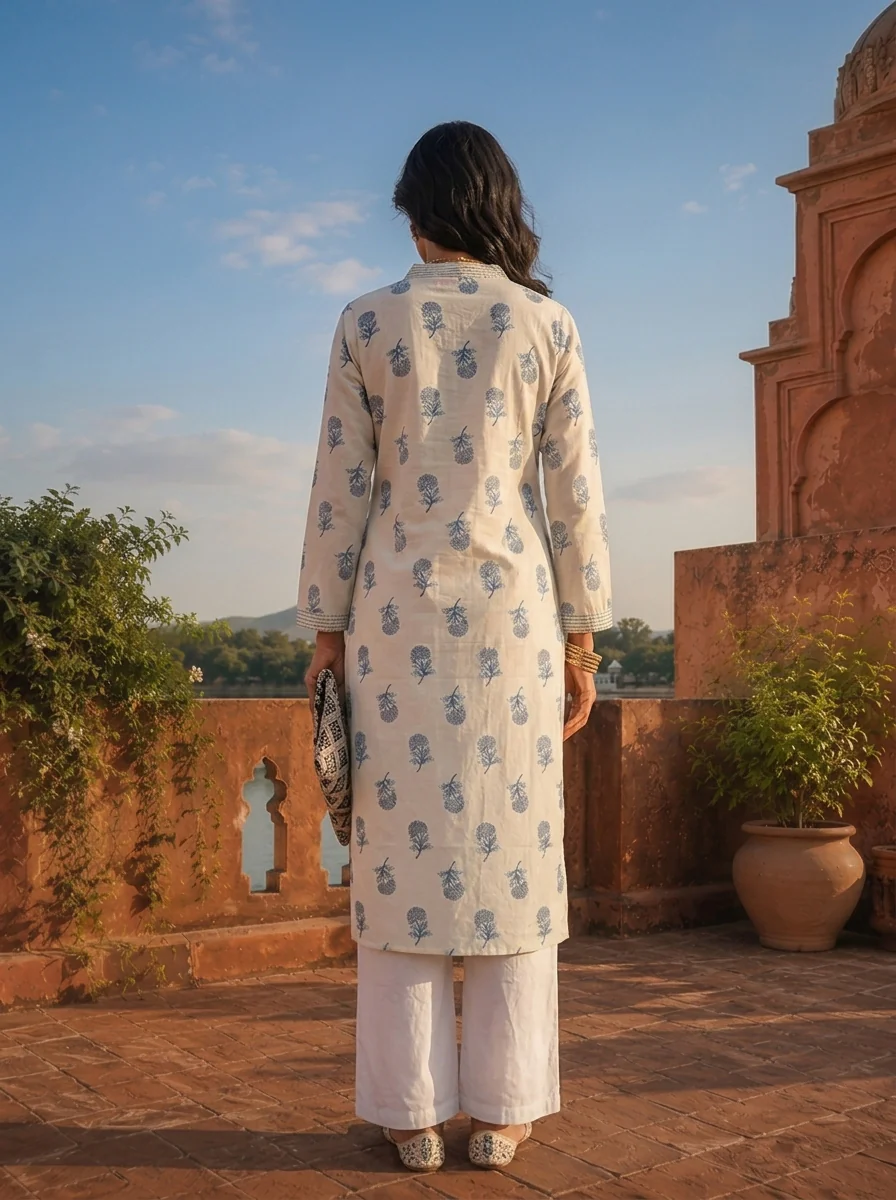 Blue Cotton Hand Block Printed Kurta - Image 2