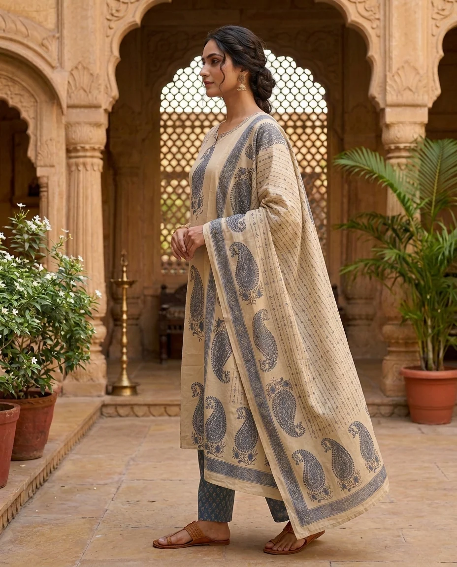 Blue Cotton Paisley Printed Three Piece Set - Image 2