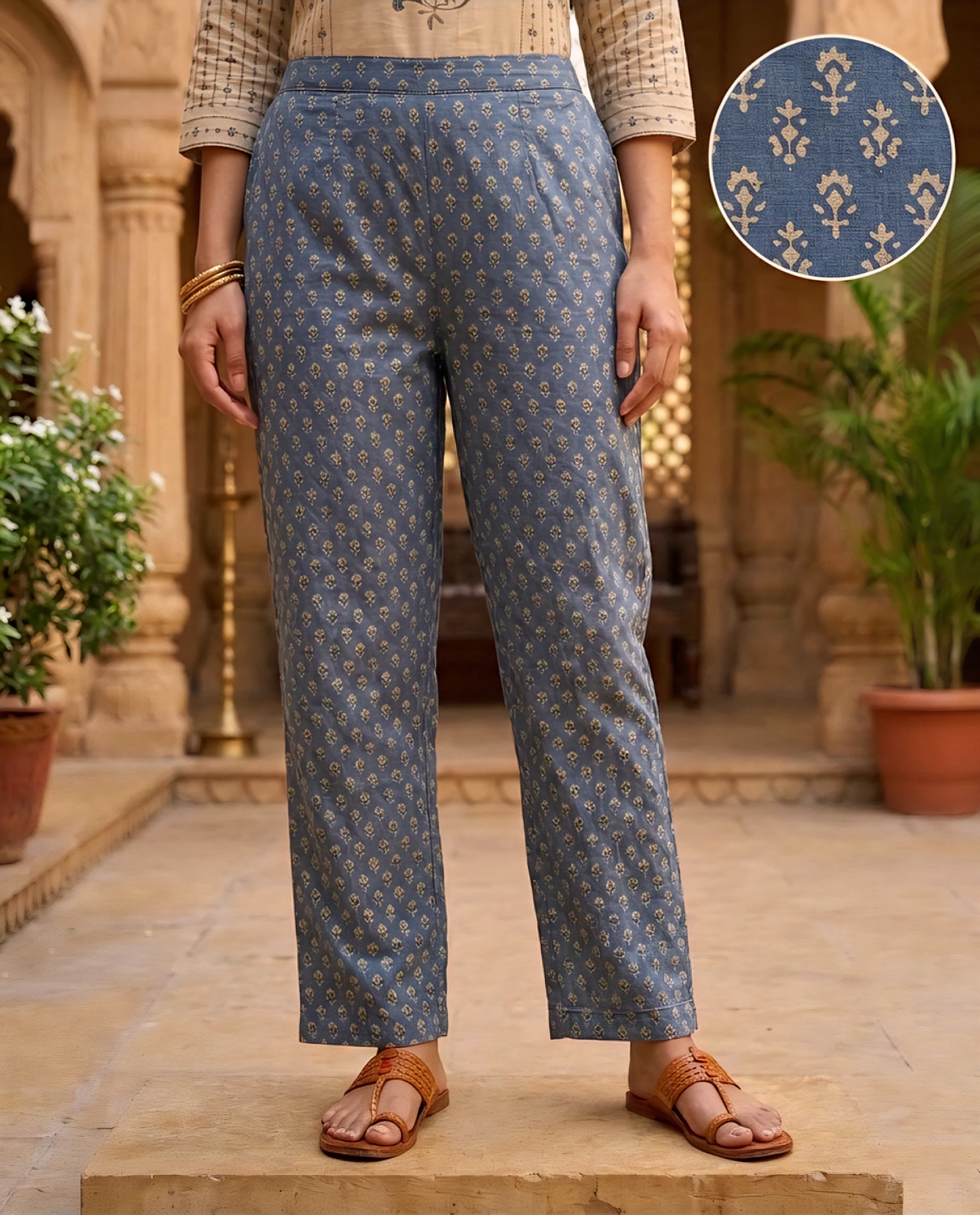 Blue Cotton Paisley Printed Three Piece Set - Image 6
