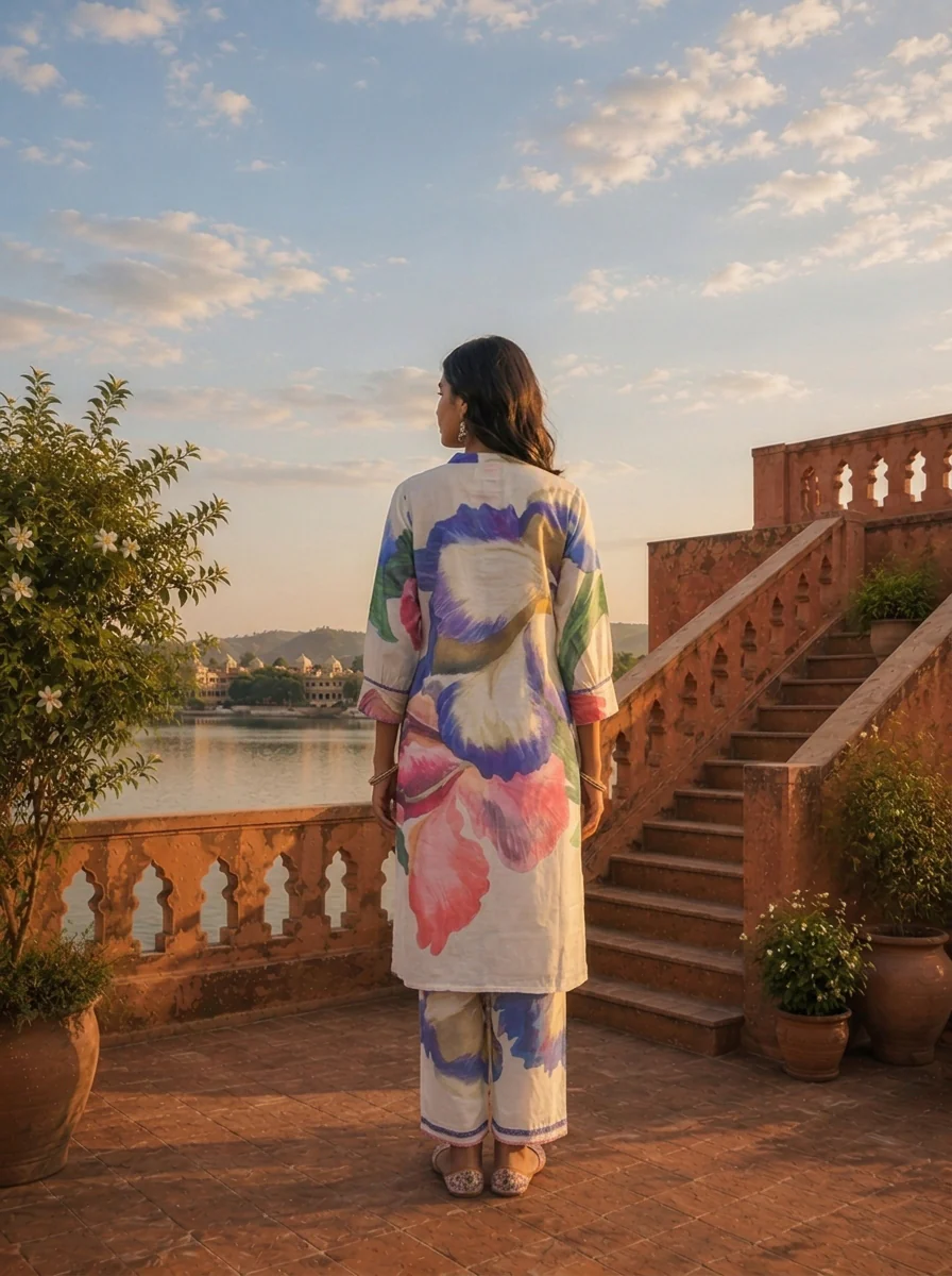 Blue Cotton Pansy Motifs Printed Two Piece Set - Image 5