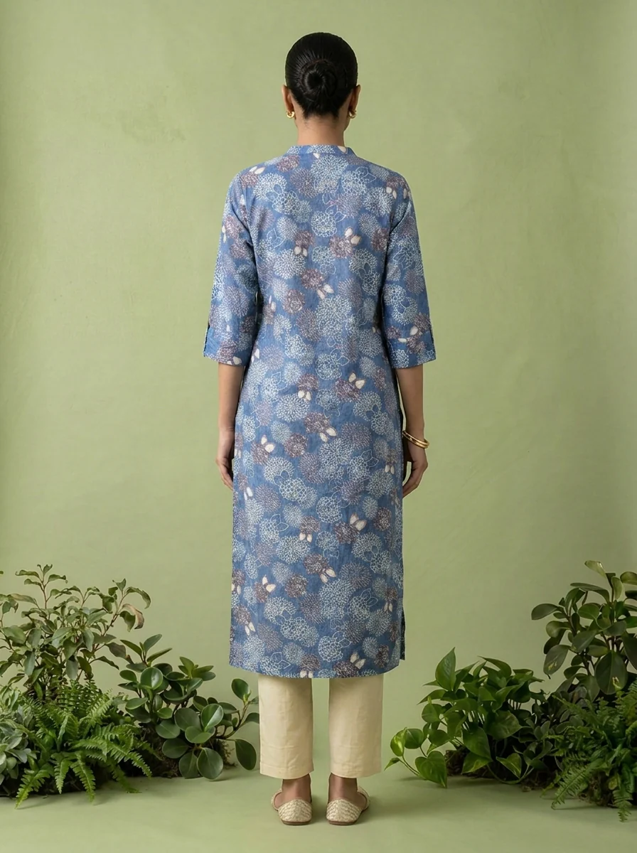 Blue Cotton Patch Embroidered And Printed Kurta - Image 2