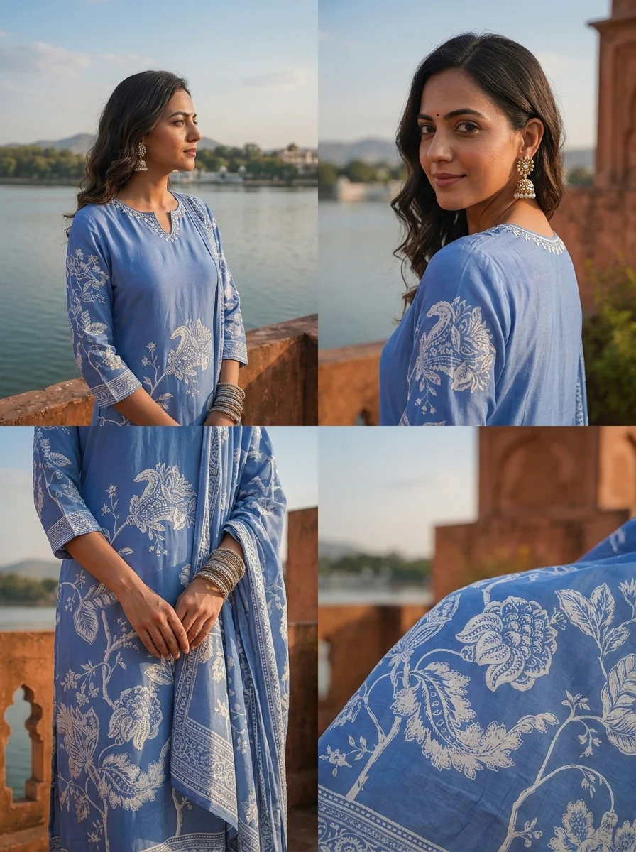 Blue Crepe Leaf Vine Motifs Printed Three Piece Set - Image 5