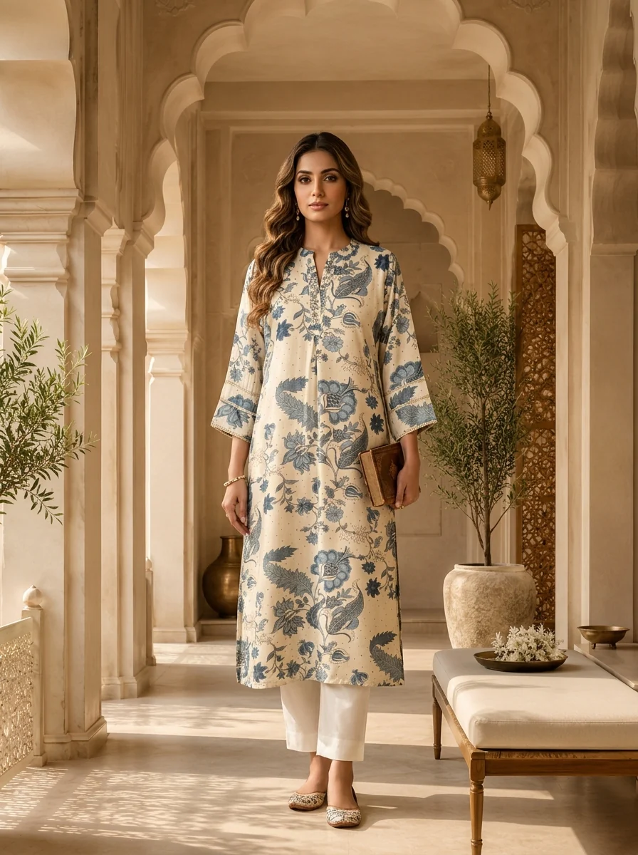 Blue Heavy Printed Silk Kurta - Image 2