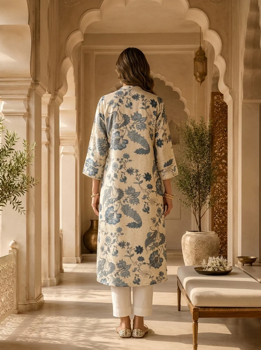 Blue Heavy Printed Silk Kurta - Image 3