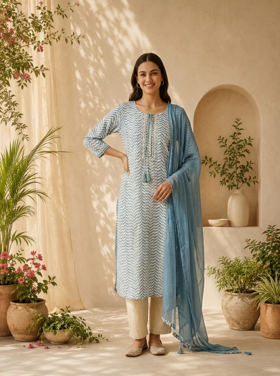 Blue Linen Mirror Embroidery And Striped Design Three Piece Set - Image 2