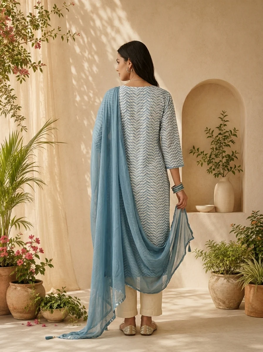 Blue Linen Mirror Embroidery And Striped Design Three Piece Set - Image 3