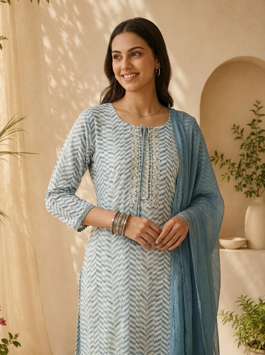 Blue Linen Mirror Embroidery And Striped Design Three Piece Set - Image 4