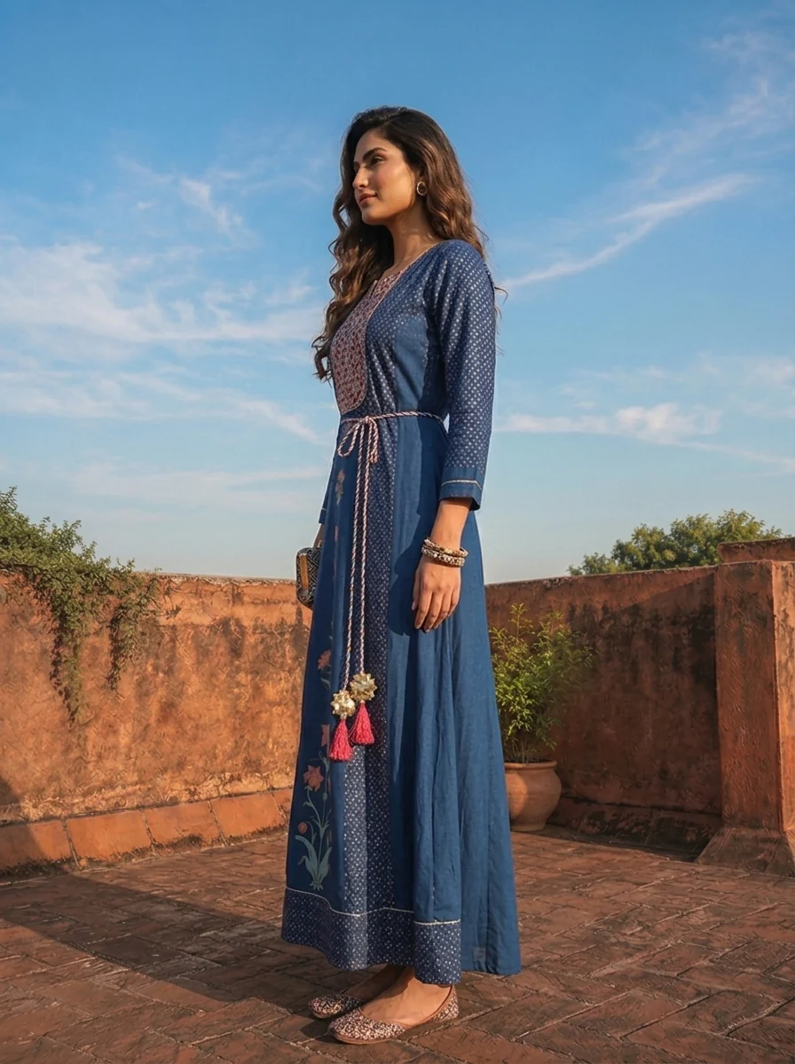 Blue Muslin Geometric Floral Motifs Printed Dress - Image 3