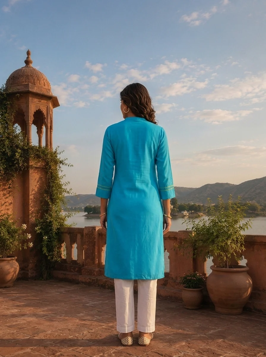 Blue Rayon Floral Applique Embroidered Kurta - Image 2