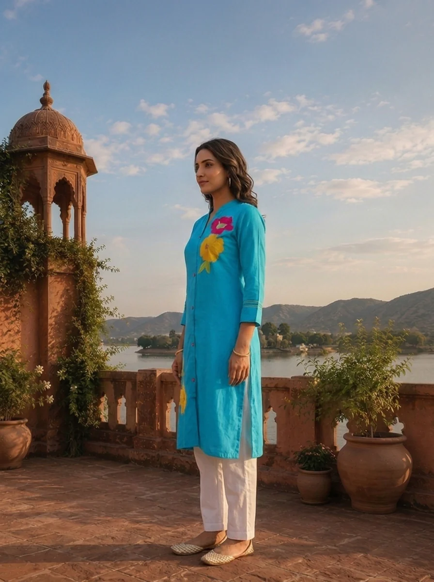 Blue Rayon Floral Applique Embroidered Kurta - Image 3