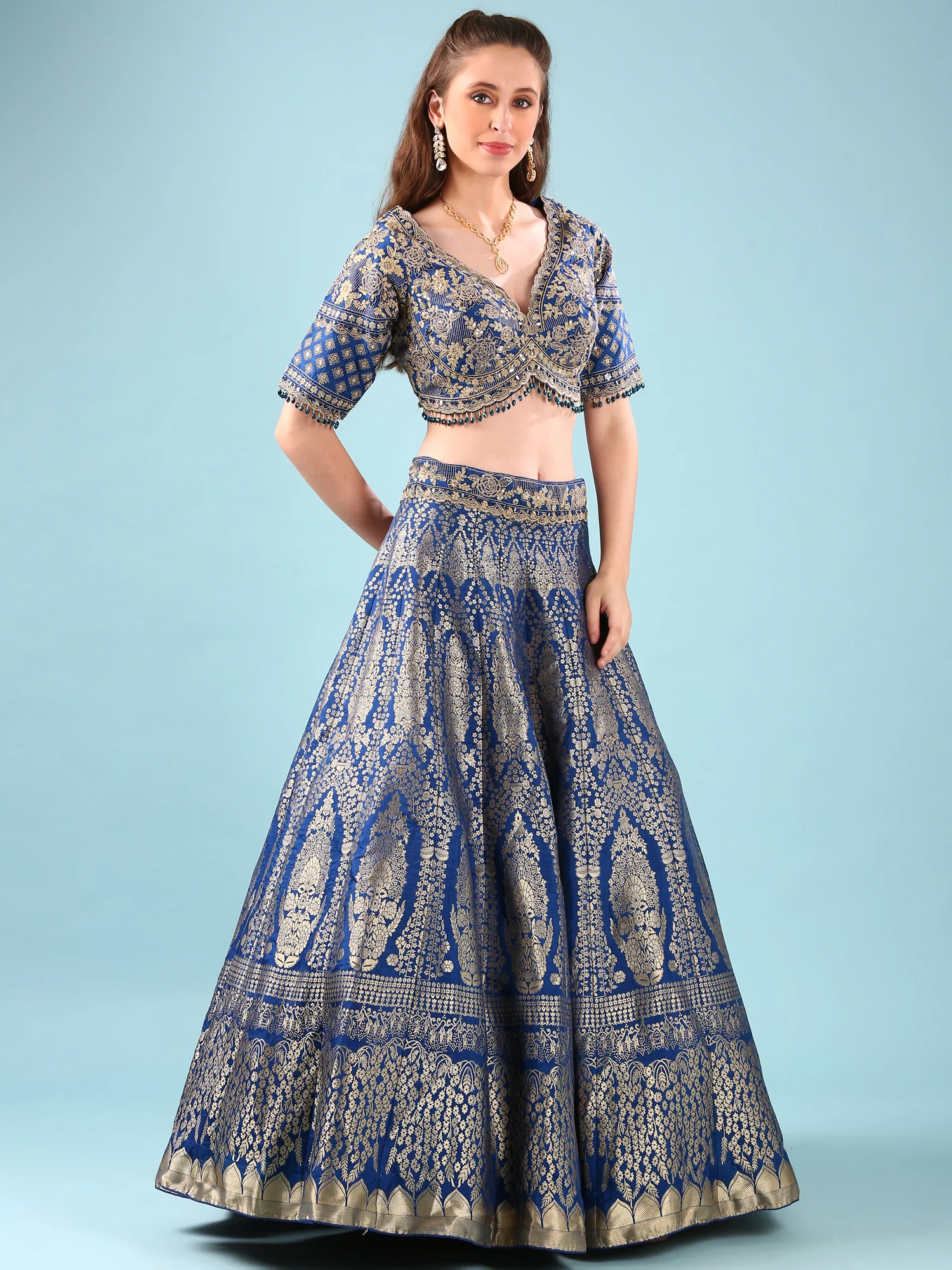 Blue Silk Hand Embroidery Ghagra Set - Image 2