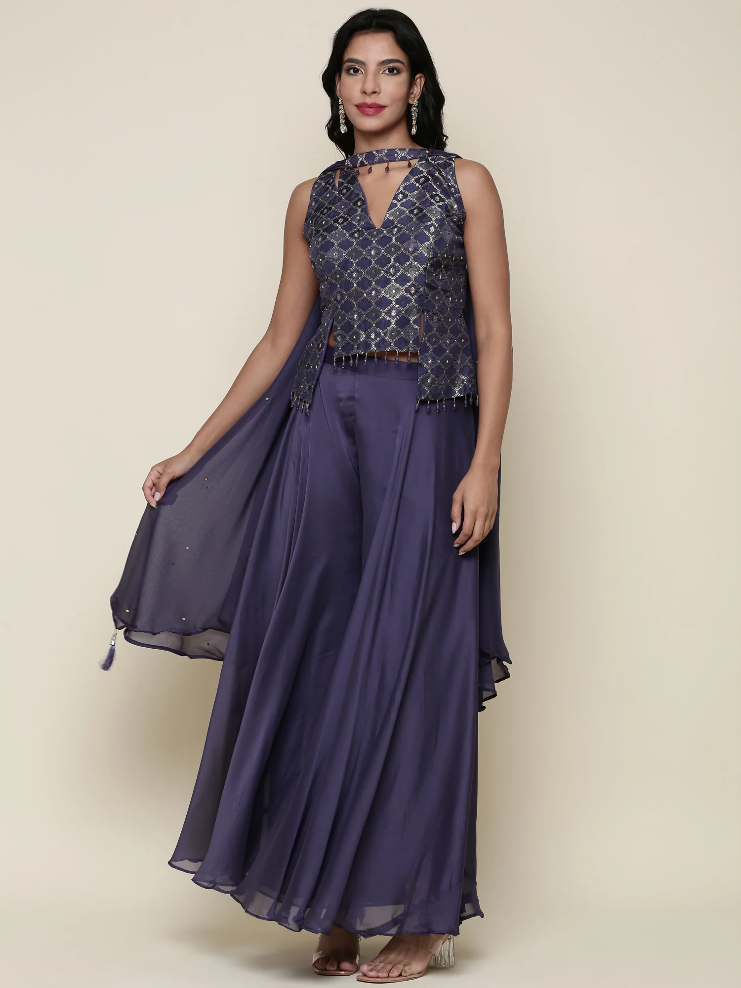 Blue tissue crop top and palazzo Three piece set
