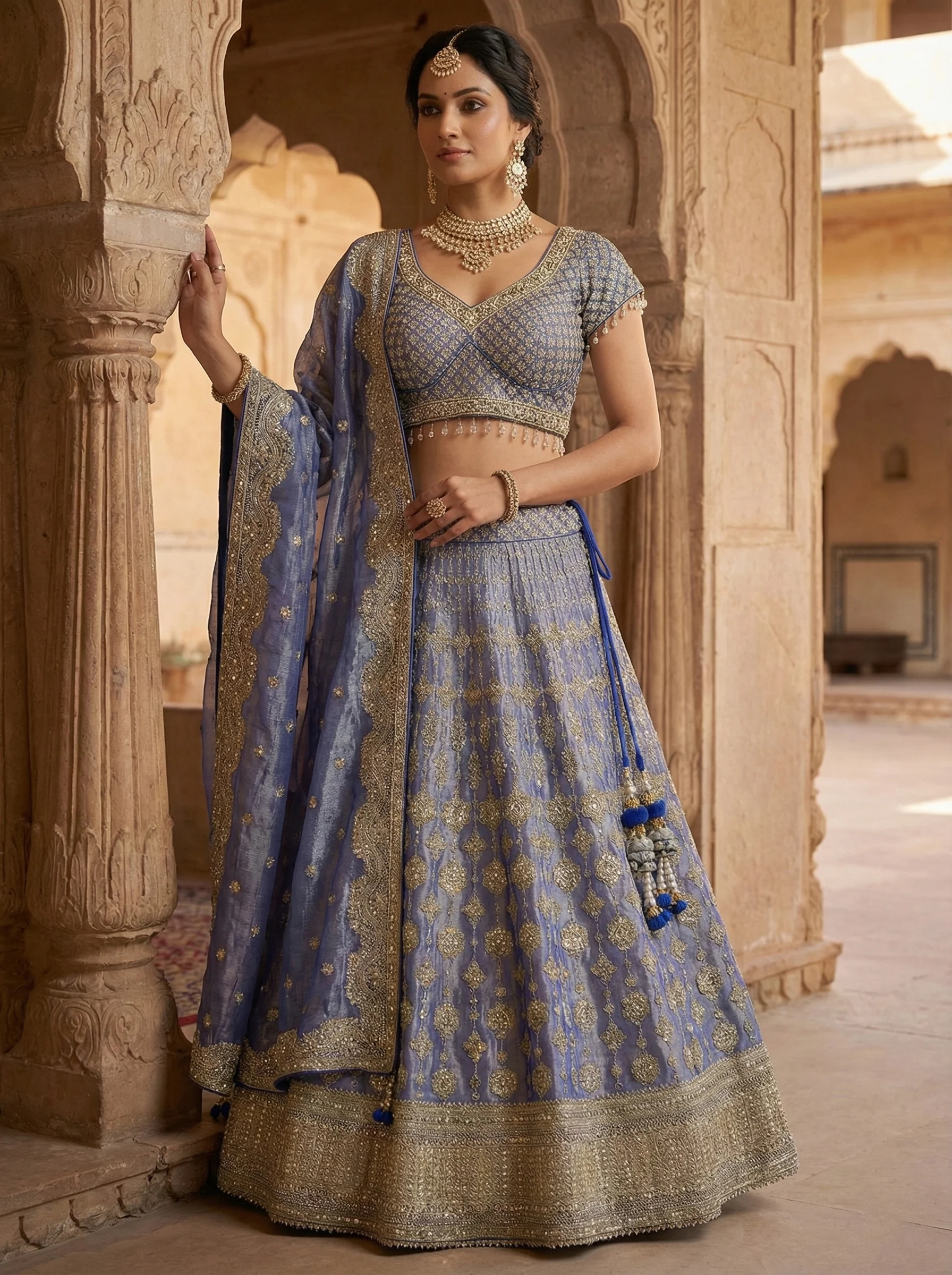 Blue Tissue Hand Embroidery Ghagra Set - Image 3