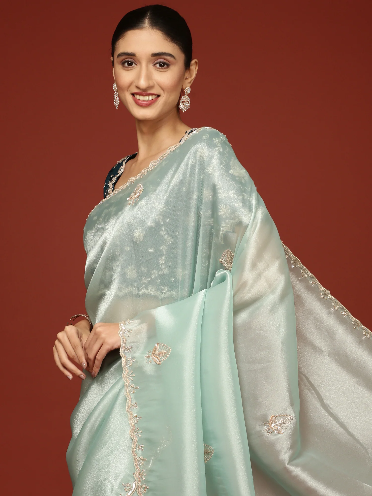 Blue Tissue Saree With Stone Work Readymade Blouse - Image 3