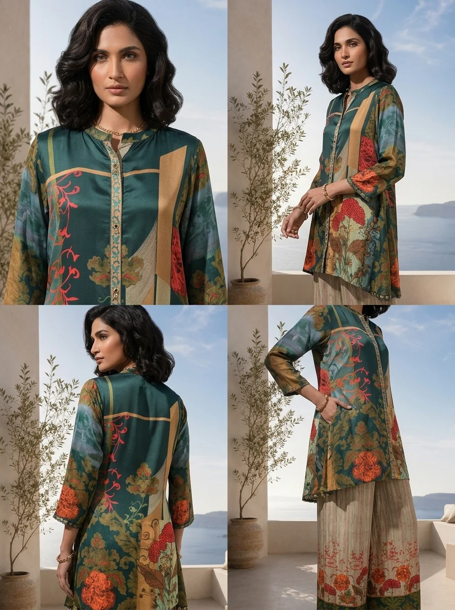 Bottle Green And Beige Floral Printed Crepe Two Piece Set - Image 2