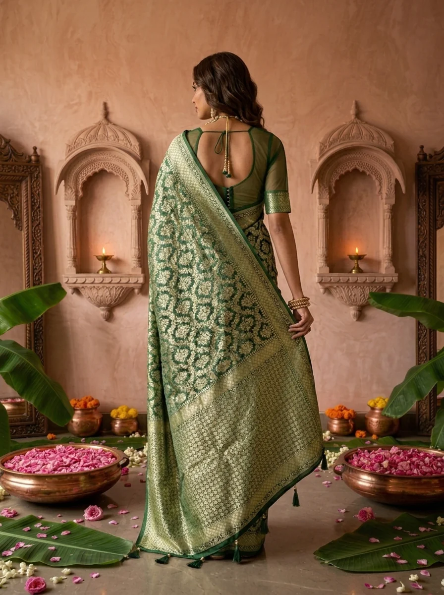 Bottle Green Banaras Weaved Saree With Heavy Floral Design - Image 2
