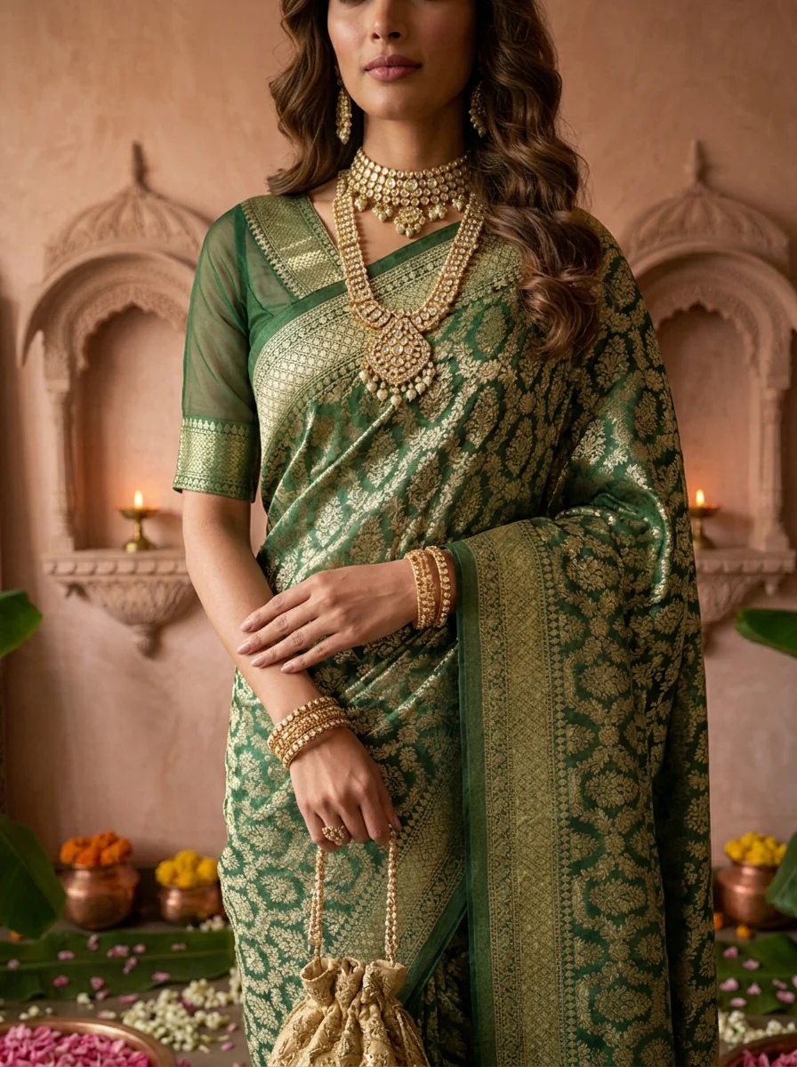 Bottle Green Banaras Weaved Saree With Heavy Floral Design - Image 4