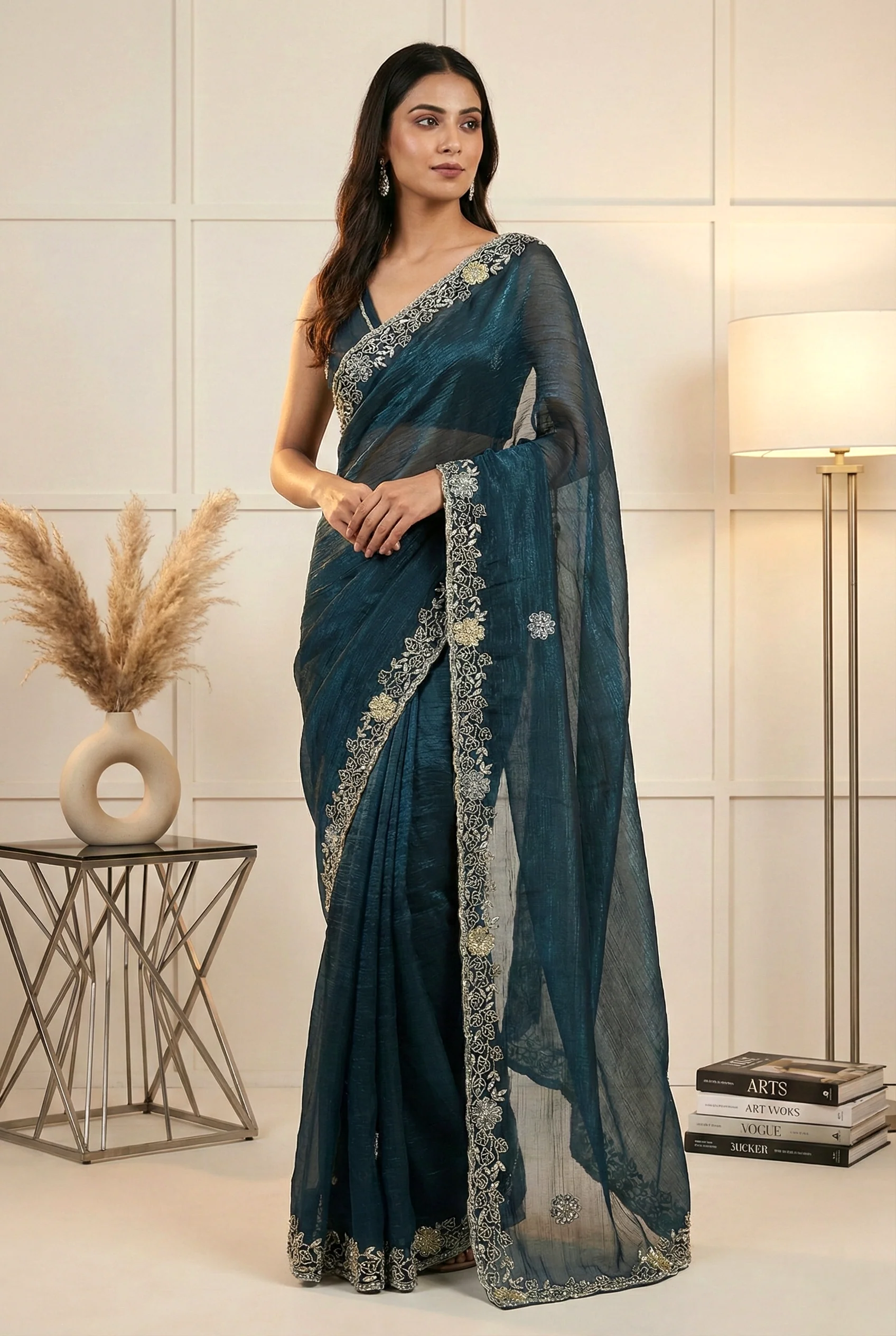 Bottle Green Beads Embroidered Organza Saree