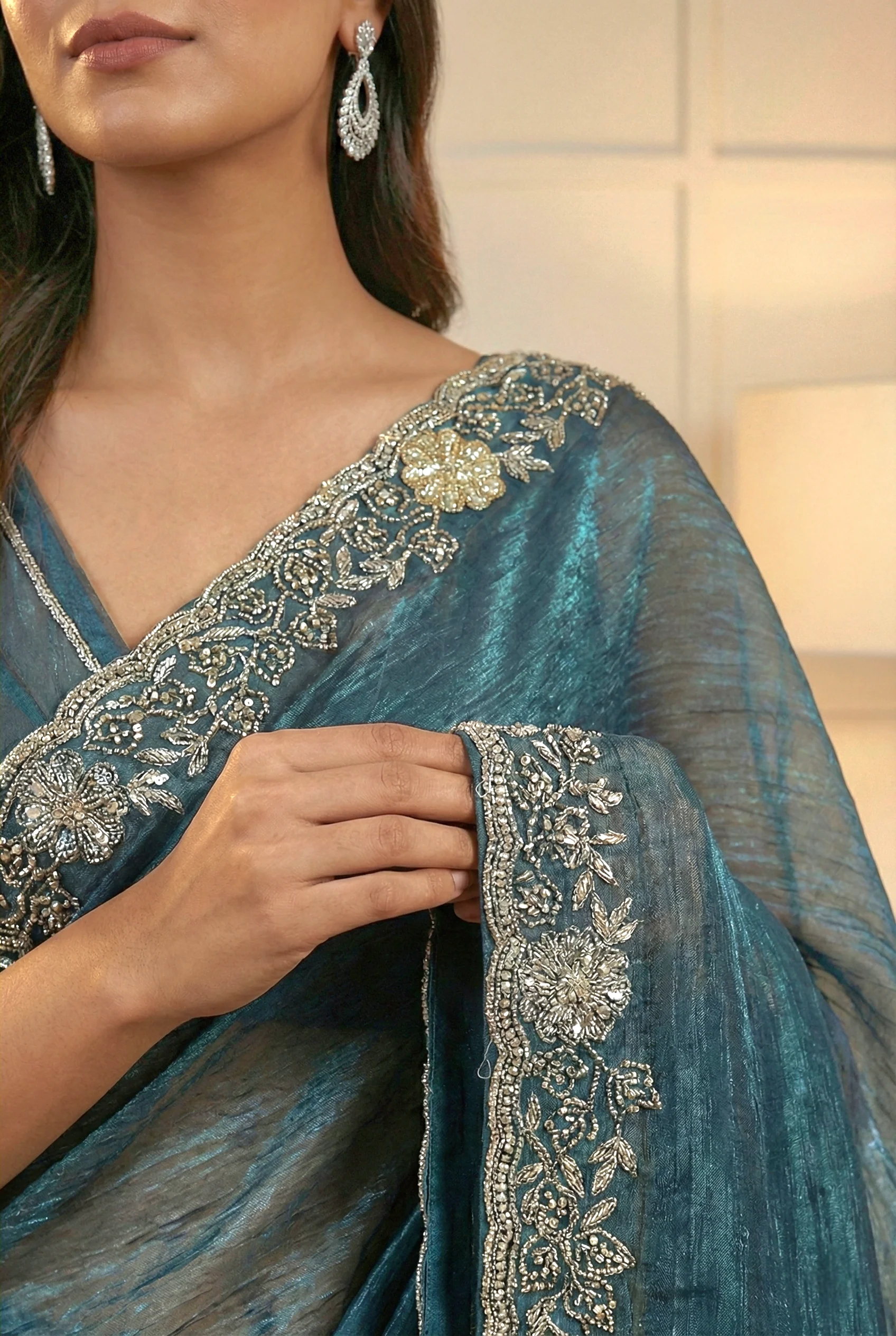 Bottle Green Beads Embroidered Organza Saree - Image 3
