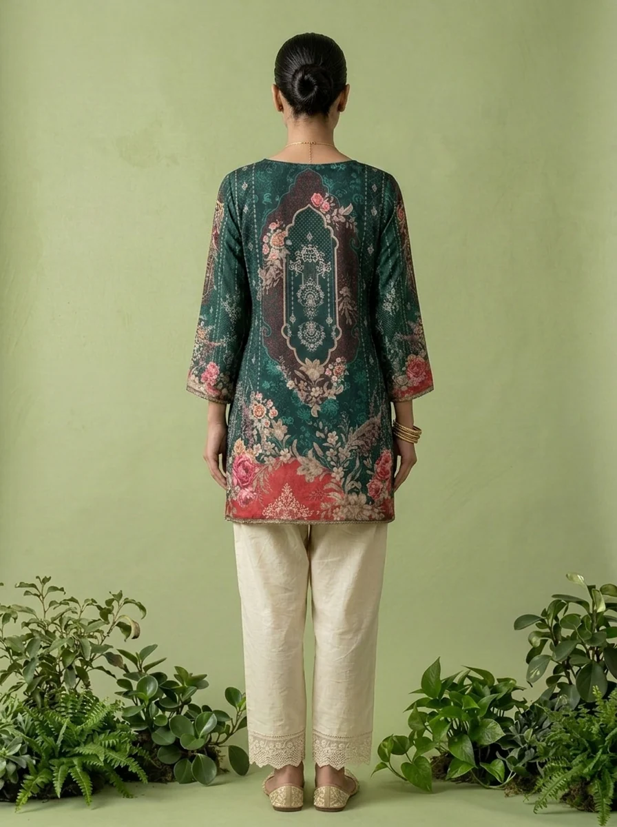 Bottle Green Crepe Digital Printed Kurti - Image 4