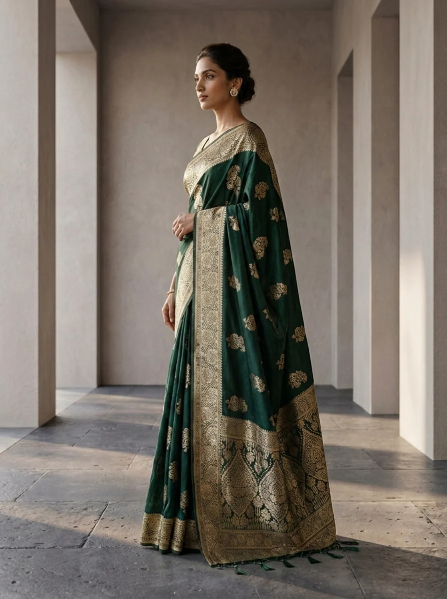 Bottle Green Floral Design Silk Saree - Image 2