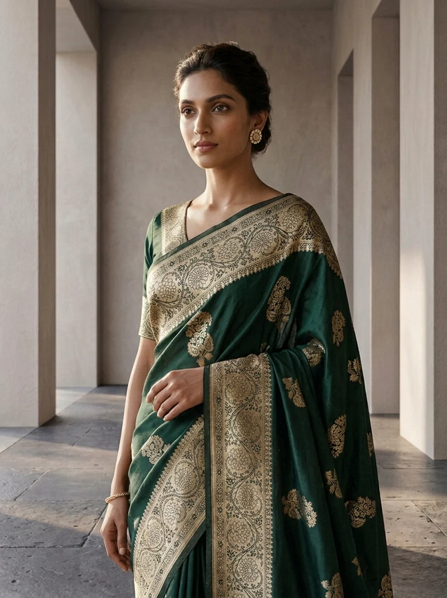 Bottle Green Floral Design Silk Saree - Image 3