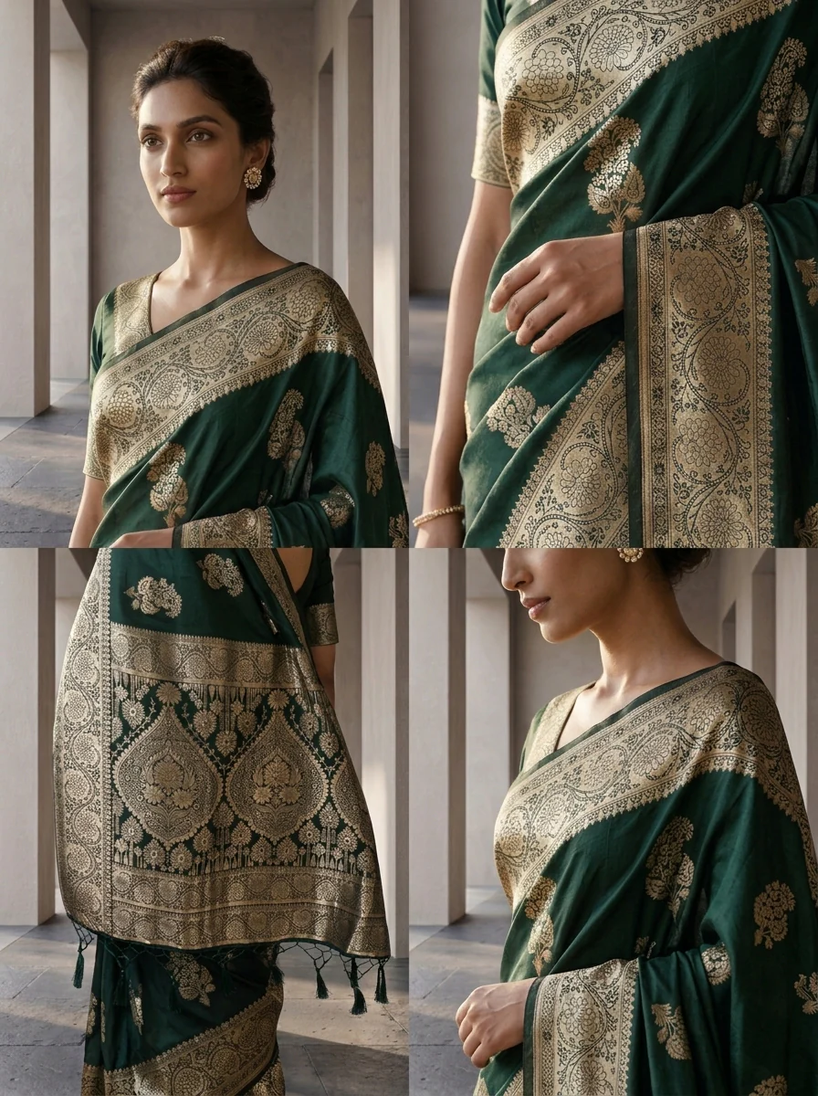 Bottle Green Floral Design Silk Saree - Image 4