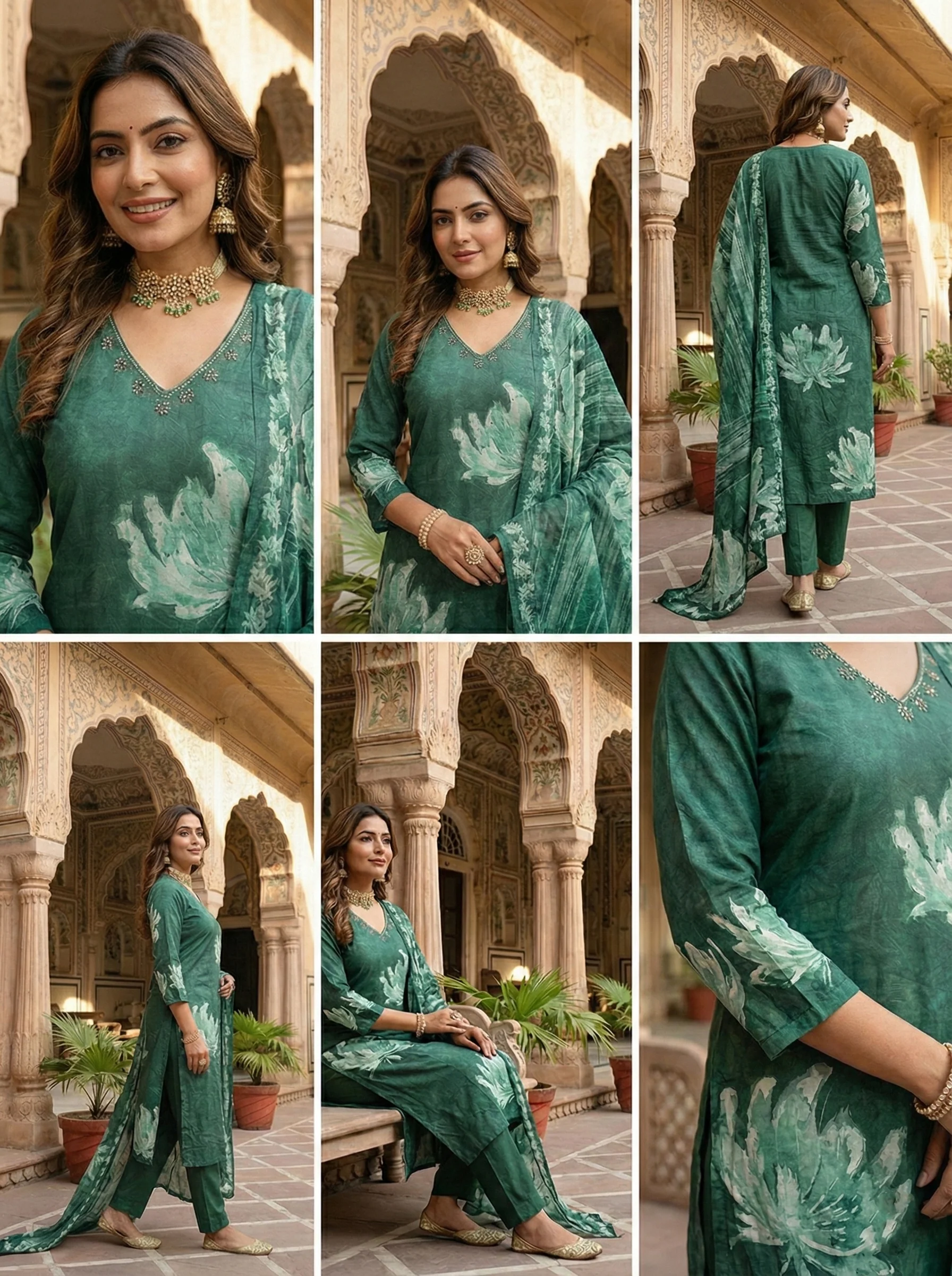Bottle Green Muslin Floral Printed Three Piece Set - Image 4