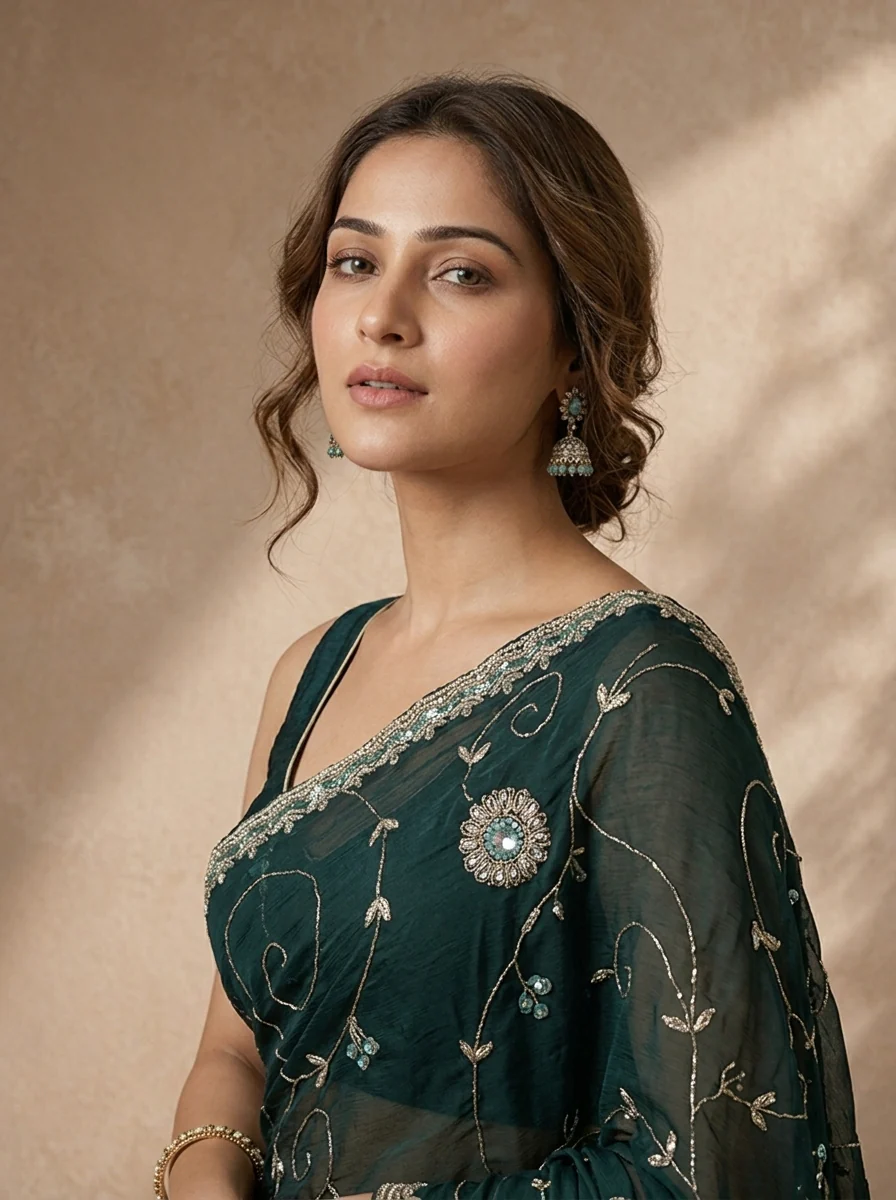 Bottle Green Organza Jaali Vine Embroidered Saree - Image 3