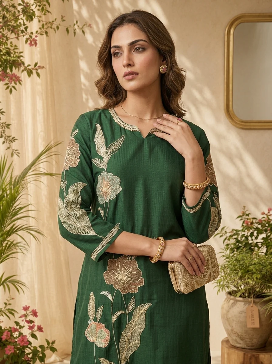Bottle Green Solid Design And Floral Thread Embroidery Kurta