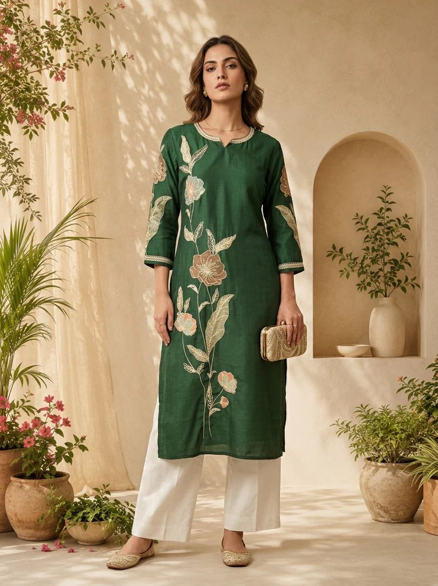 Bottle Green Solid Design And Floral Thread Embroidery Kurta - Image 2