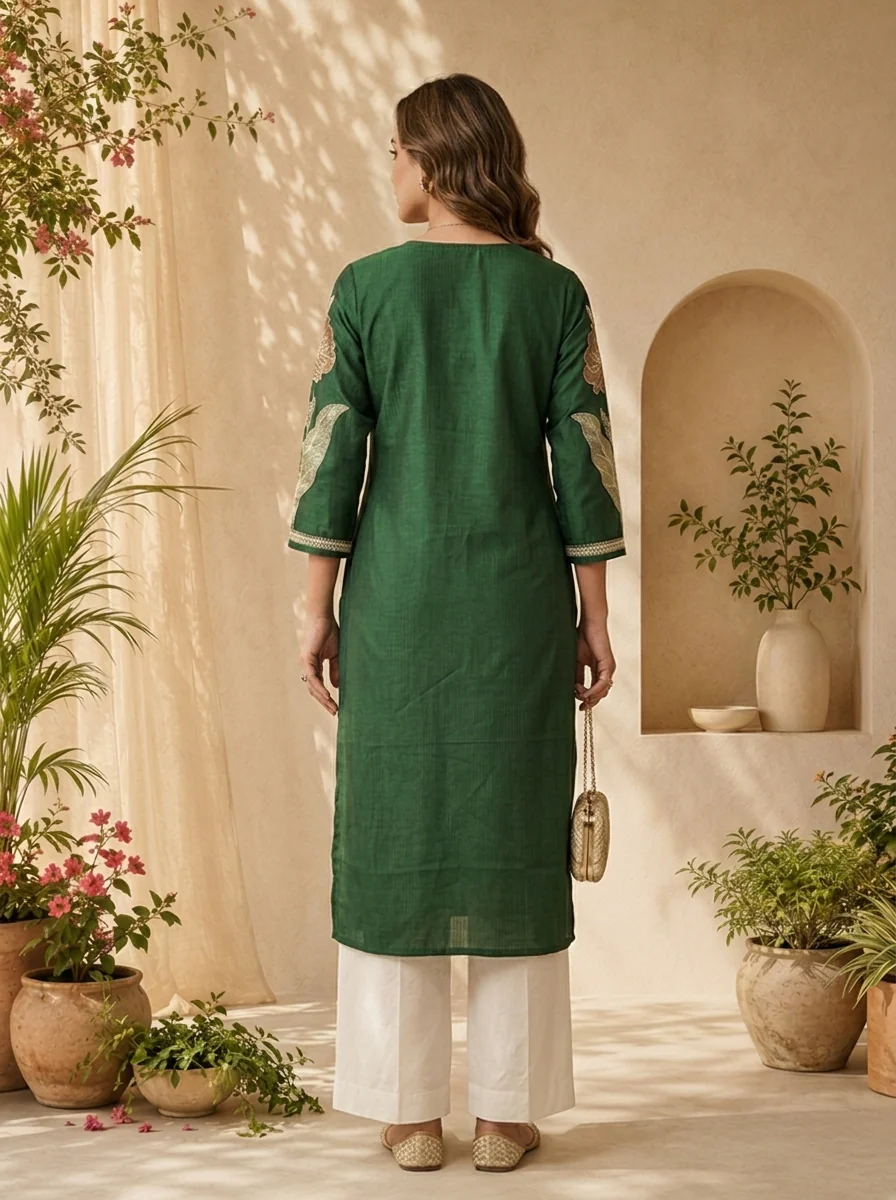Bottle Green Solid Design And Floral Thread Embroidery Kurta - Image 3