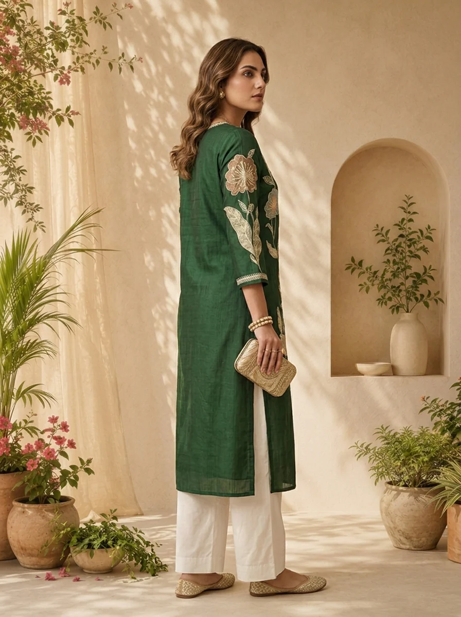 Bottle Green Solid Design And Floral Thread Embroidery Kurta - Image 4