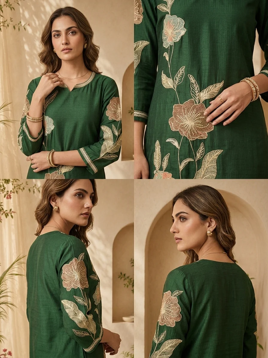 Bottle Green Solid Design And Floral Thread Embroidery Kurta - Image 5