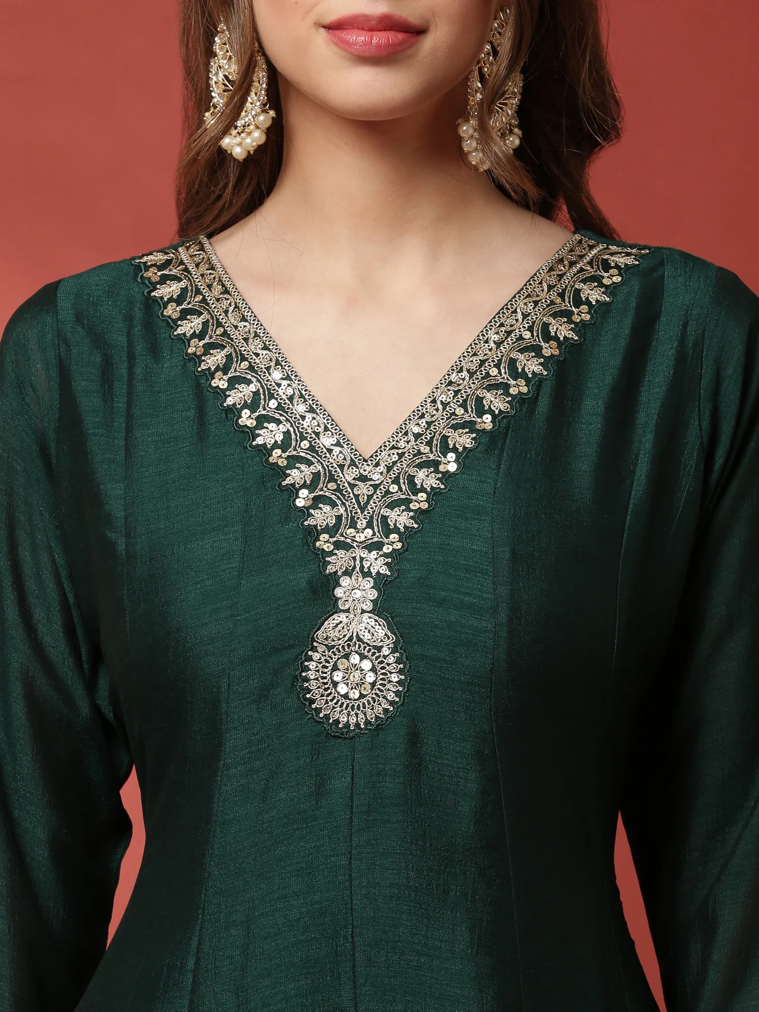 Bottle Green Vichitra Fabric Shoulder Kali With Embroiderey Duppata - Image 4