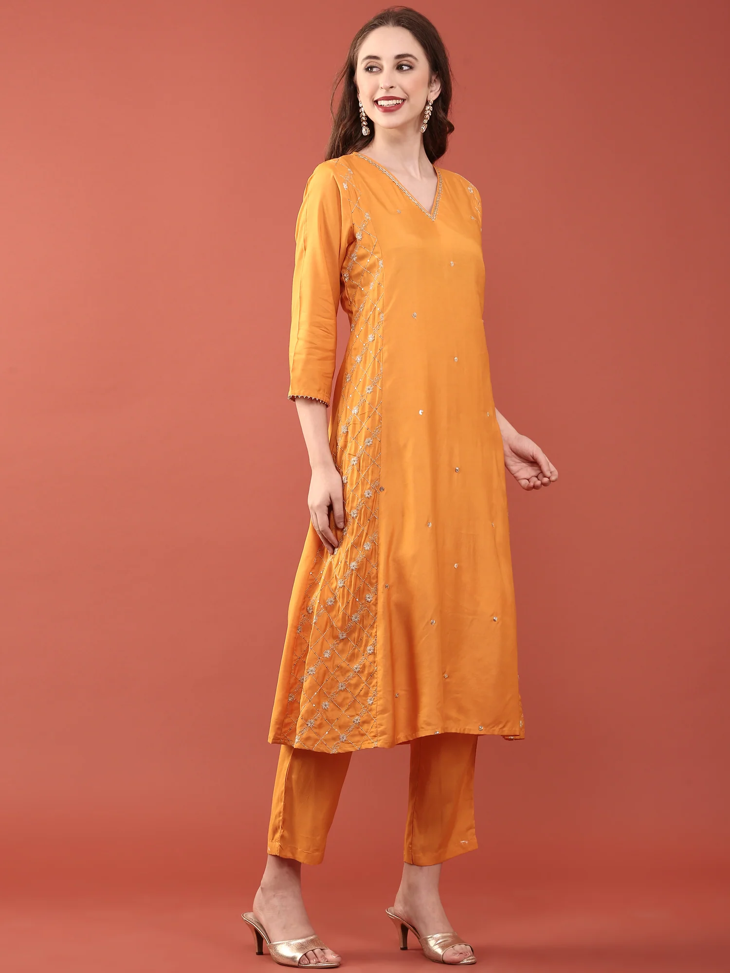 Bright Orange Muslin Three Piece Set - Image 2