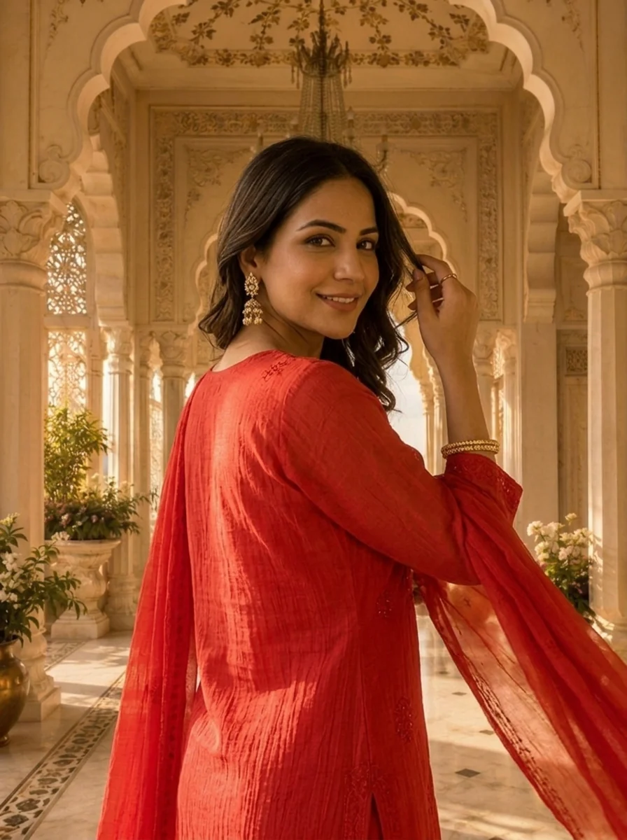 Bright Red Cotton Embroidery Three Piece Set - Image 4