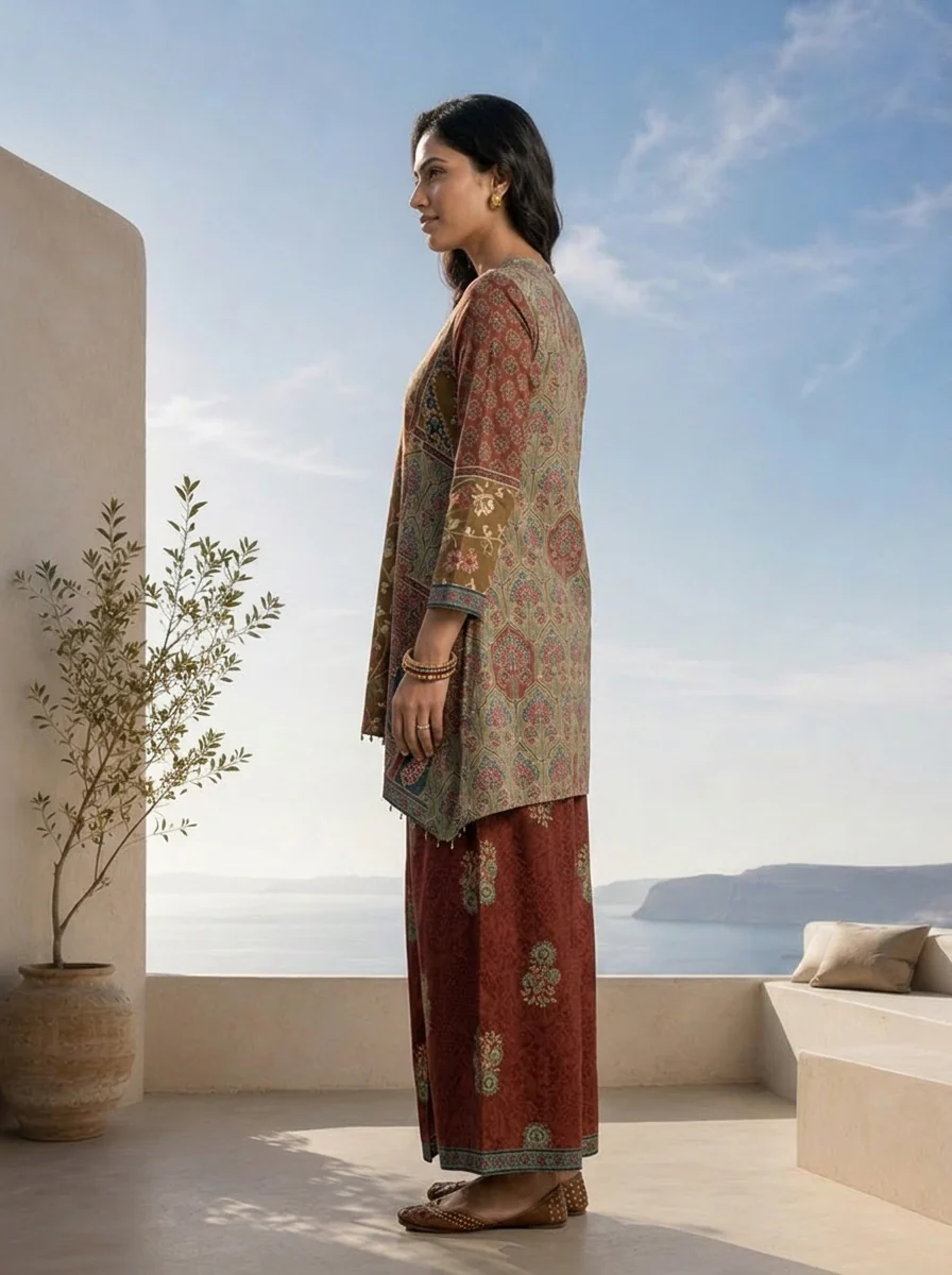 Brown And Olive Floral Printed Crepe Two Piece Set - Image 3