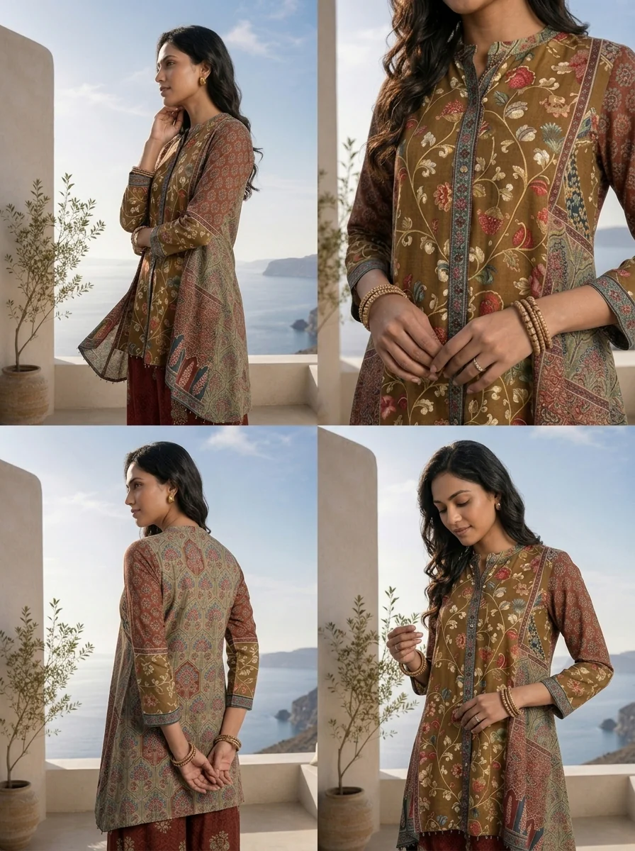 Brown And Olive Floral Printed Crepe Two Piece Set - Image 5