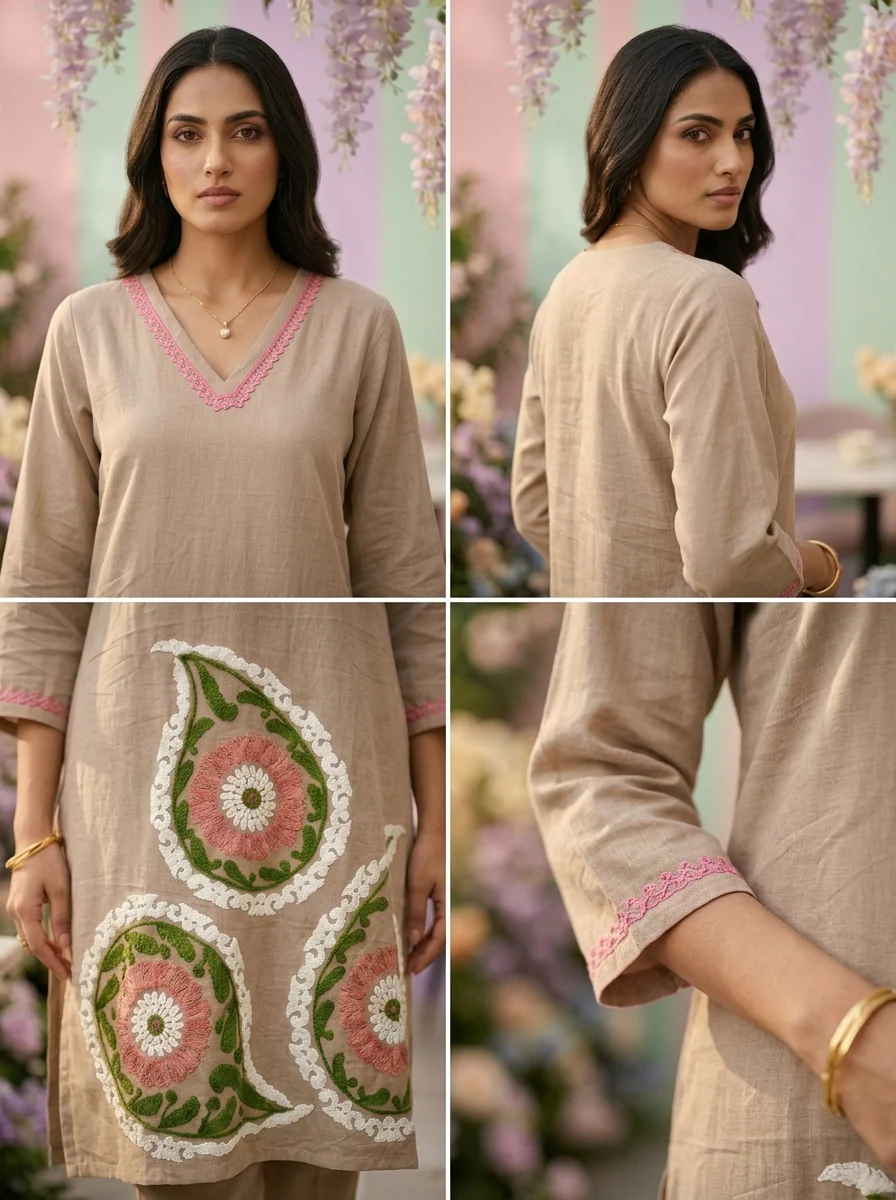 Brown Cotton Paisley Thread Embroidered Two Piece Set - Image 3
