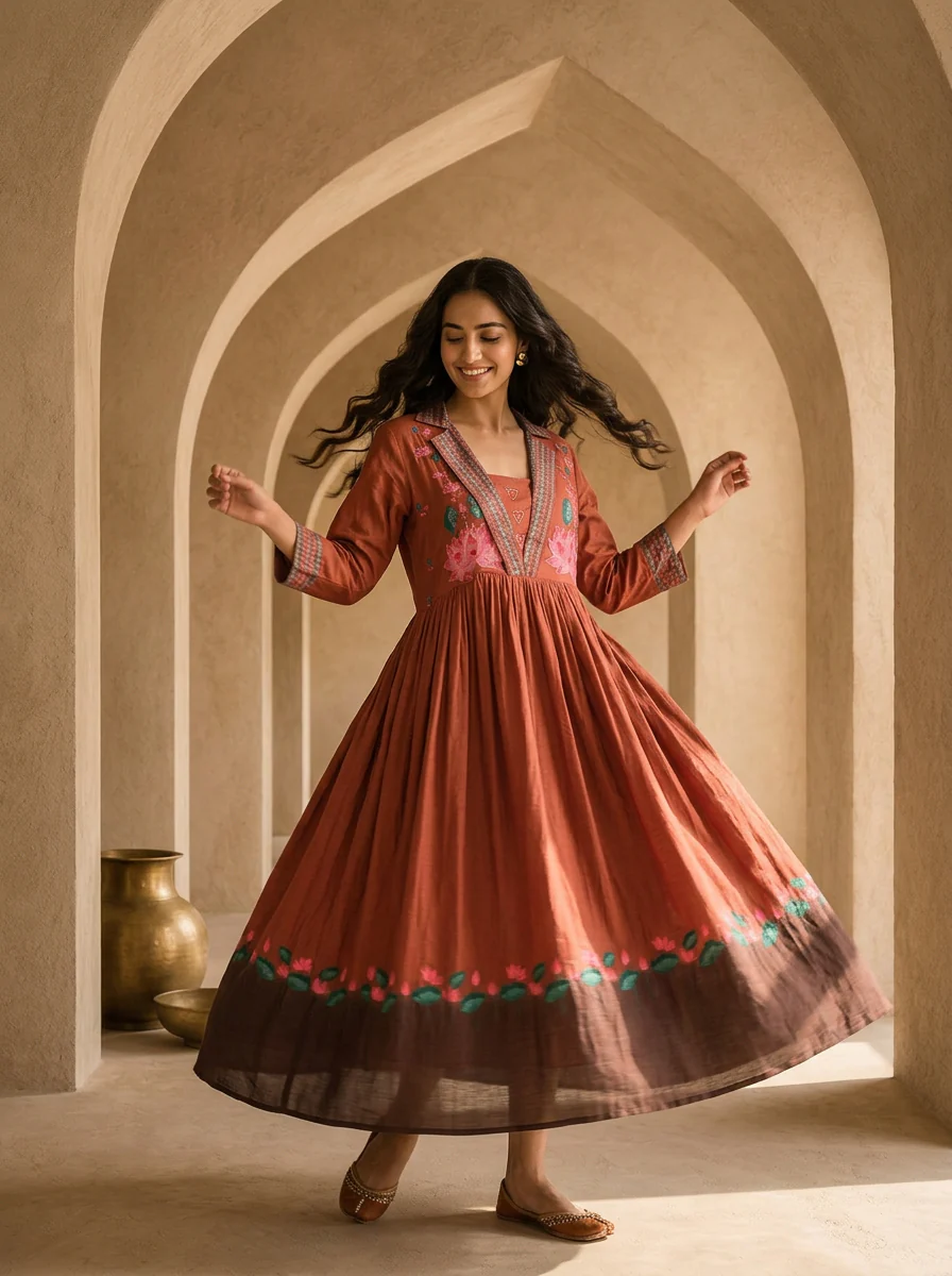 Brown Cotton Patch Embroidery And Floral Printed Long Dress - Image 2