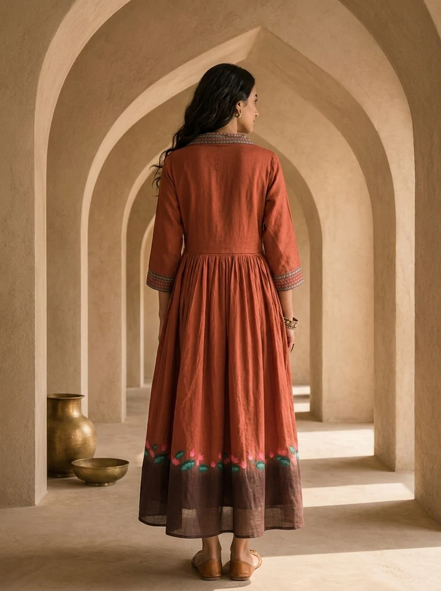 Brown Cotton Patch Embroidery And Floral Printed Long Dress - Image 3
