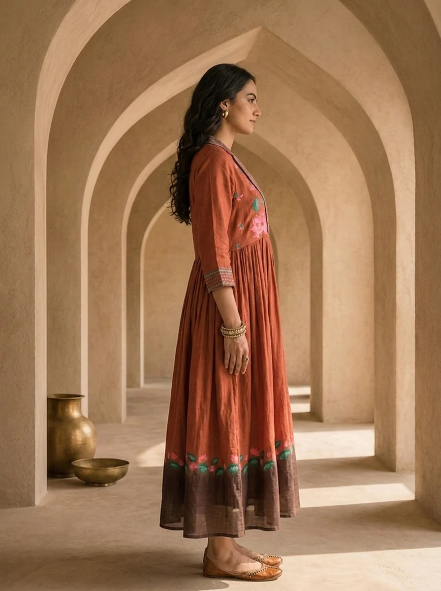 Brown Cotton Patch Embroidery And Floral Printed Long Dress - Image 4